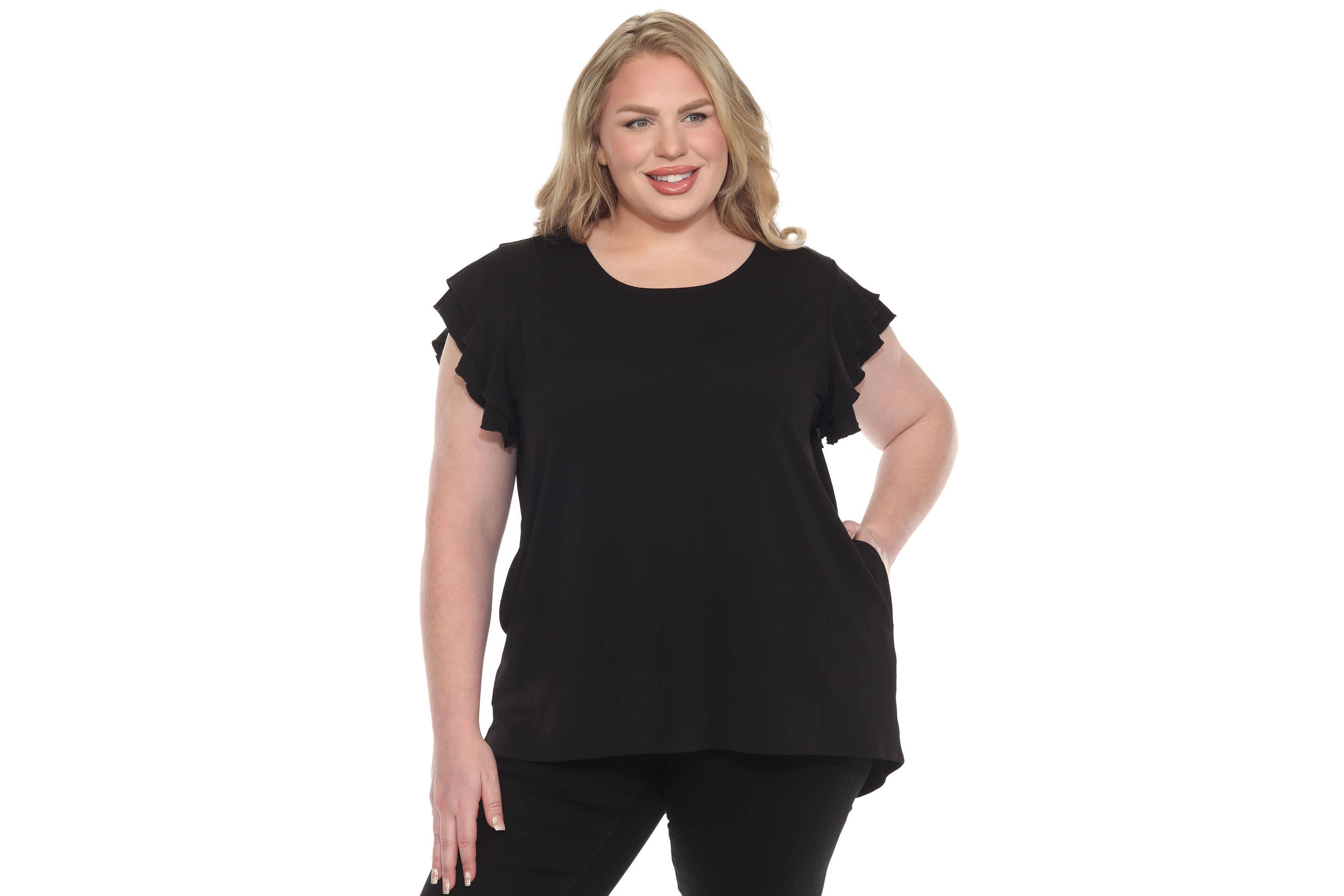 Plus Size Ruffled Sleeve Solid Top