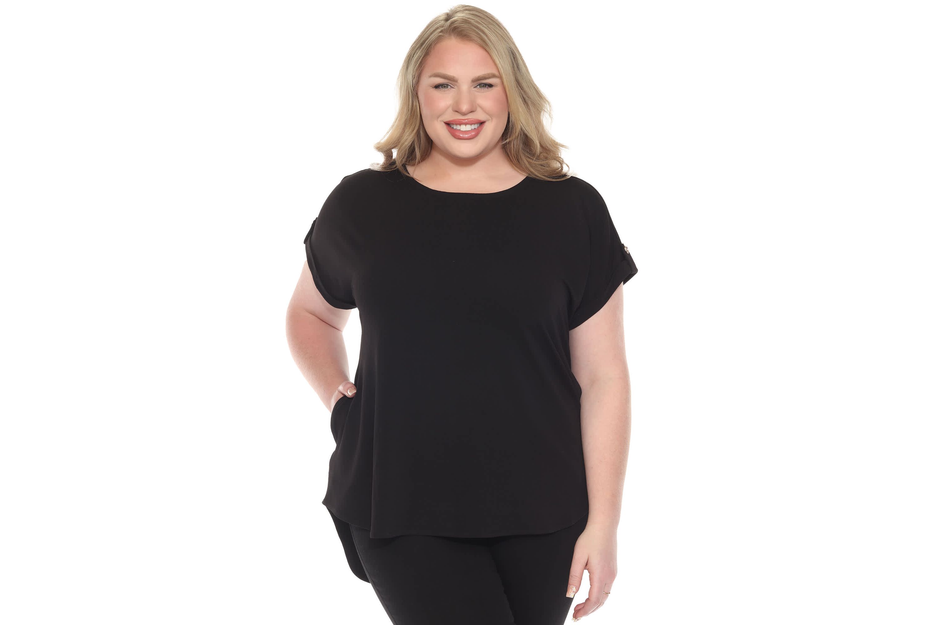 Plus Size Folded Short Sleeve Solid Top