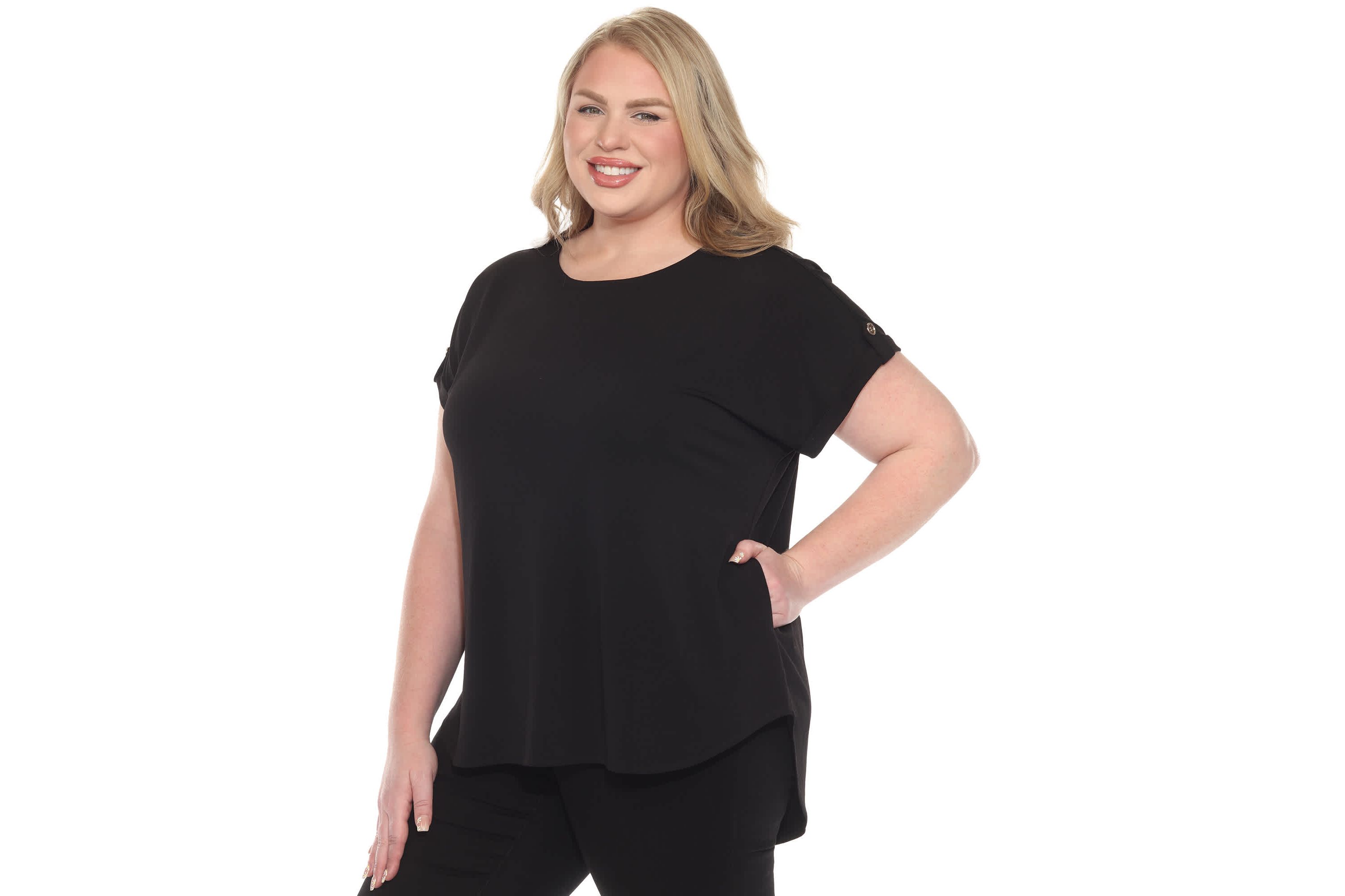 Plus Size Folded Short Sleeve Solid Top