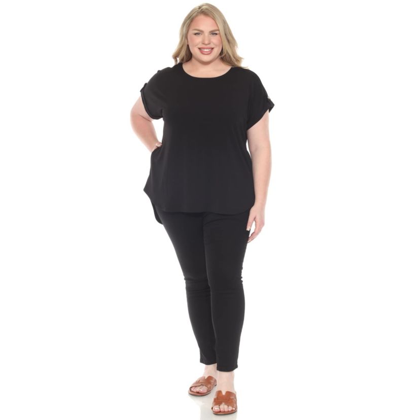 Plus Size Folded Short Sleeve Solid Top