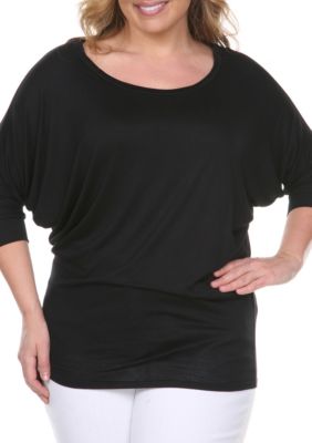 White Mark Women's Plus Size Bat Sleeve Tunic, Black, 2X
