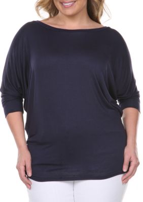 White Mark Women's Plus Size Bat Sleeve Tunic, Navy Blue, 3X