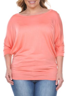 White Mark Women's Plus Size Bat Sleeve Tunic, Coral, 3X