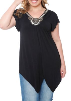 White Mark Women's Plus Size Fenella Short Sleeve Tunic, Black, 1X