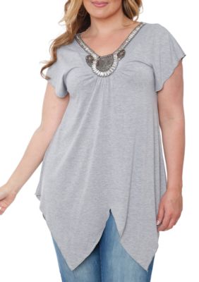 White Mark Women's Plus Size Fenella Short Sleeve Tunic, Grey, 1X