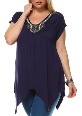 White Mark Women's Plus Size Fenella Short Sleeve Tunic, Navy Blue, 3X