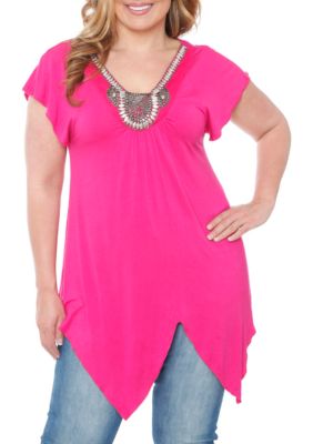 White Mark Women's Plus Size Fenella Short Sleeve Tunic, Pink, 3X