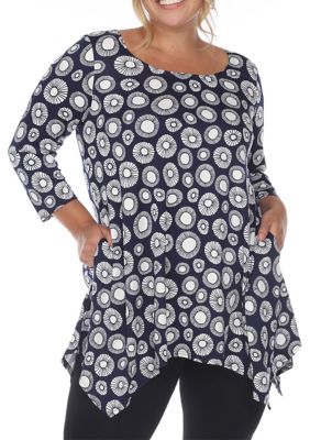 White Mark Women's PS Printed Geometric Circle Tunic Top, Navy Blue, 3X