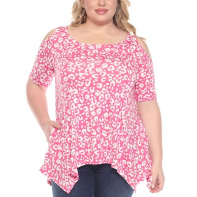 White Mark Women's Plus Size Cold Shoulder Leopard Print Short Sleeve Tunic Top
