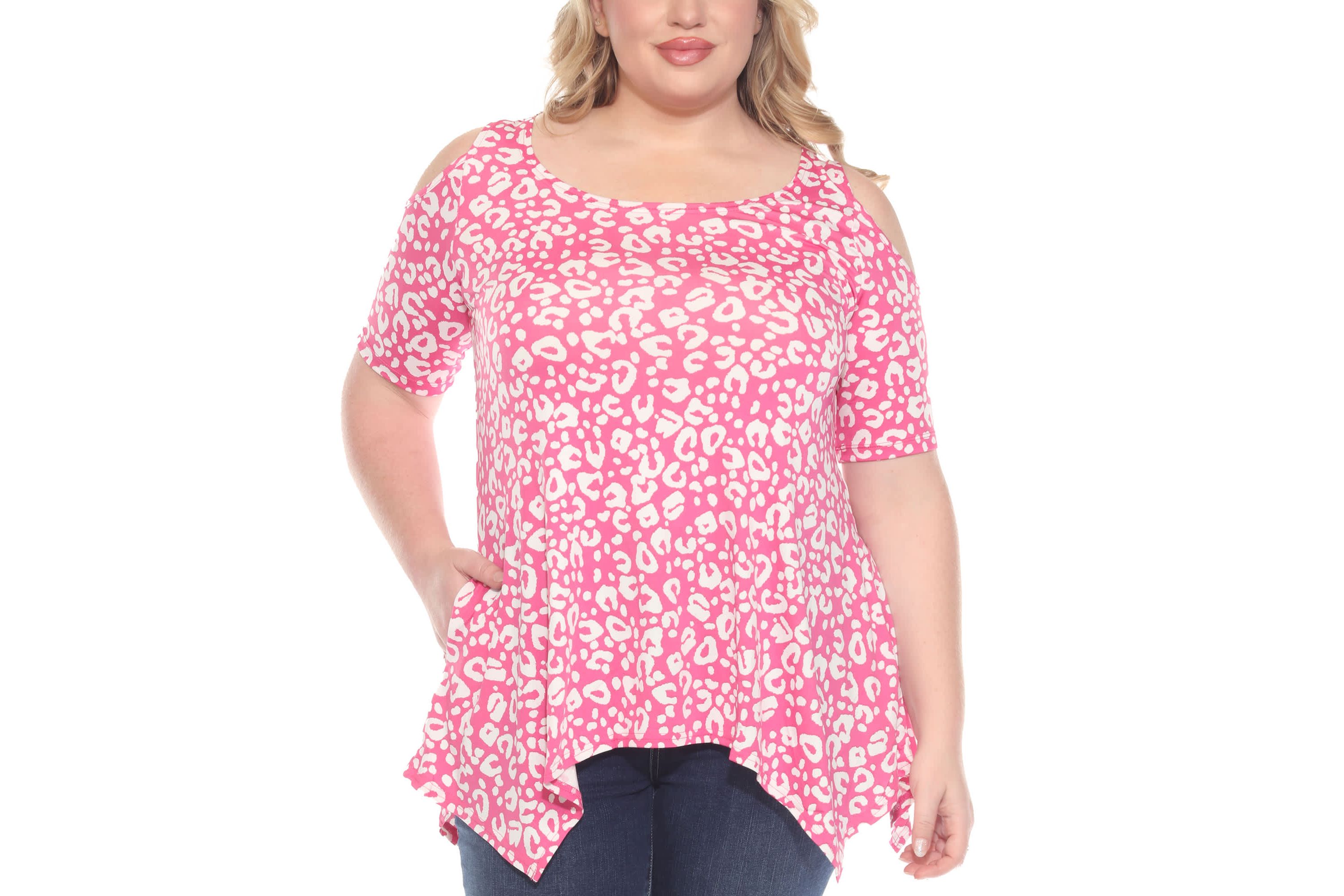 Plus Size Cold Shoulder Leopard Print Short Sleeve Tunic Top