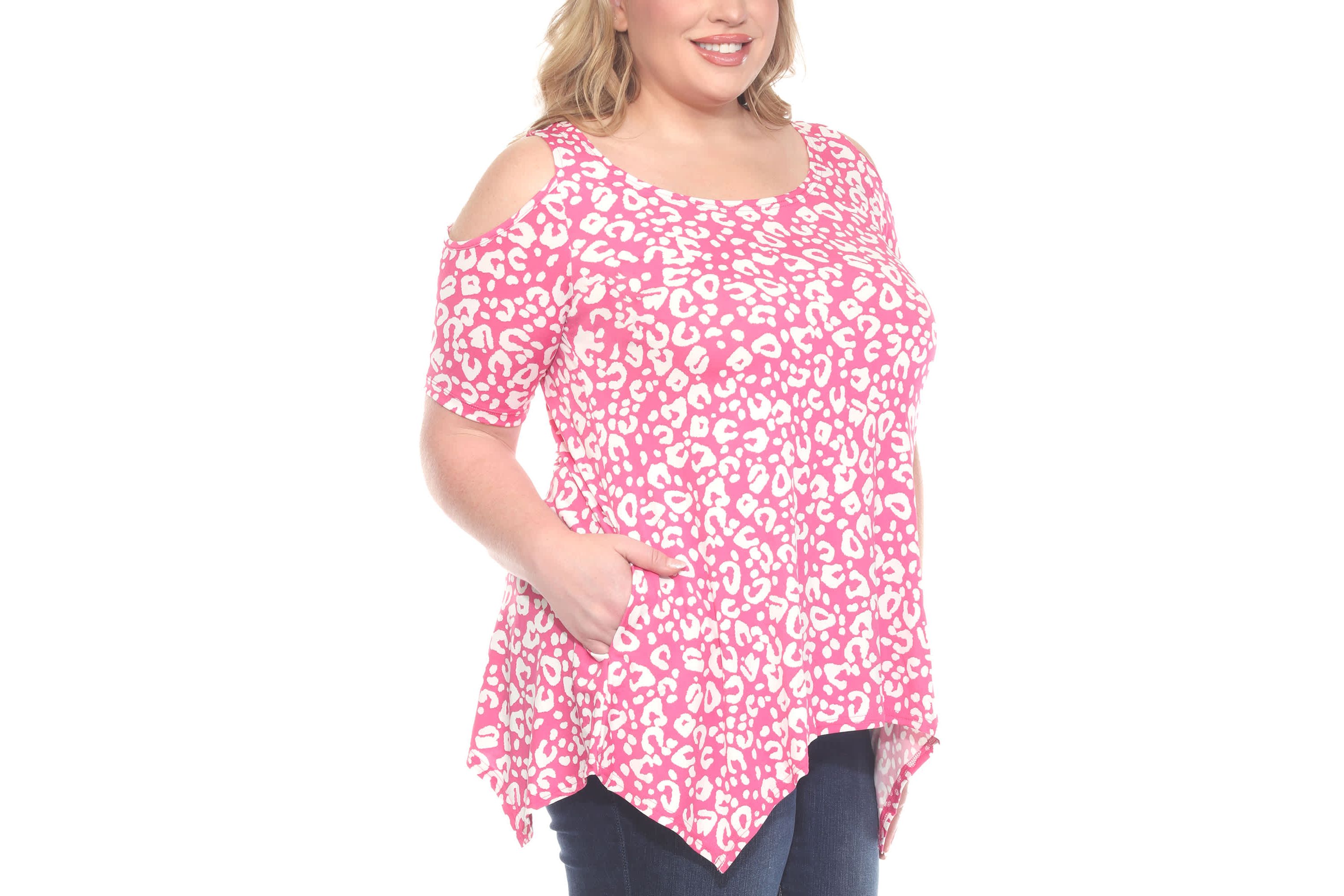 Plus Size Cold Shoulder Leopard Print Short Sleeve Tunic Top