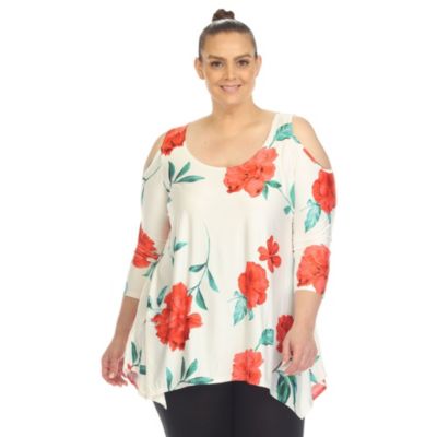 White Mark Women's Plus Size Floral Printed Cold Shoulder Tunic