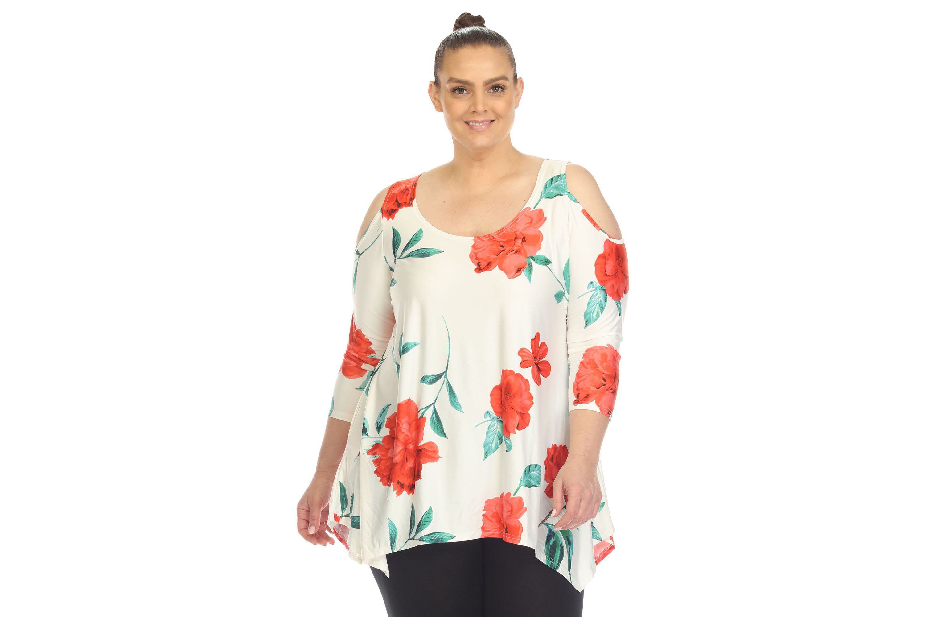 Plus Size Floral Printed Cold Shoulder Tunic