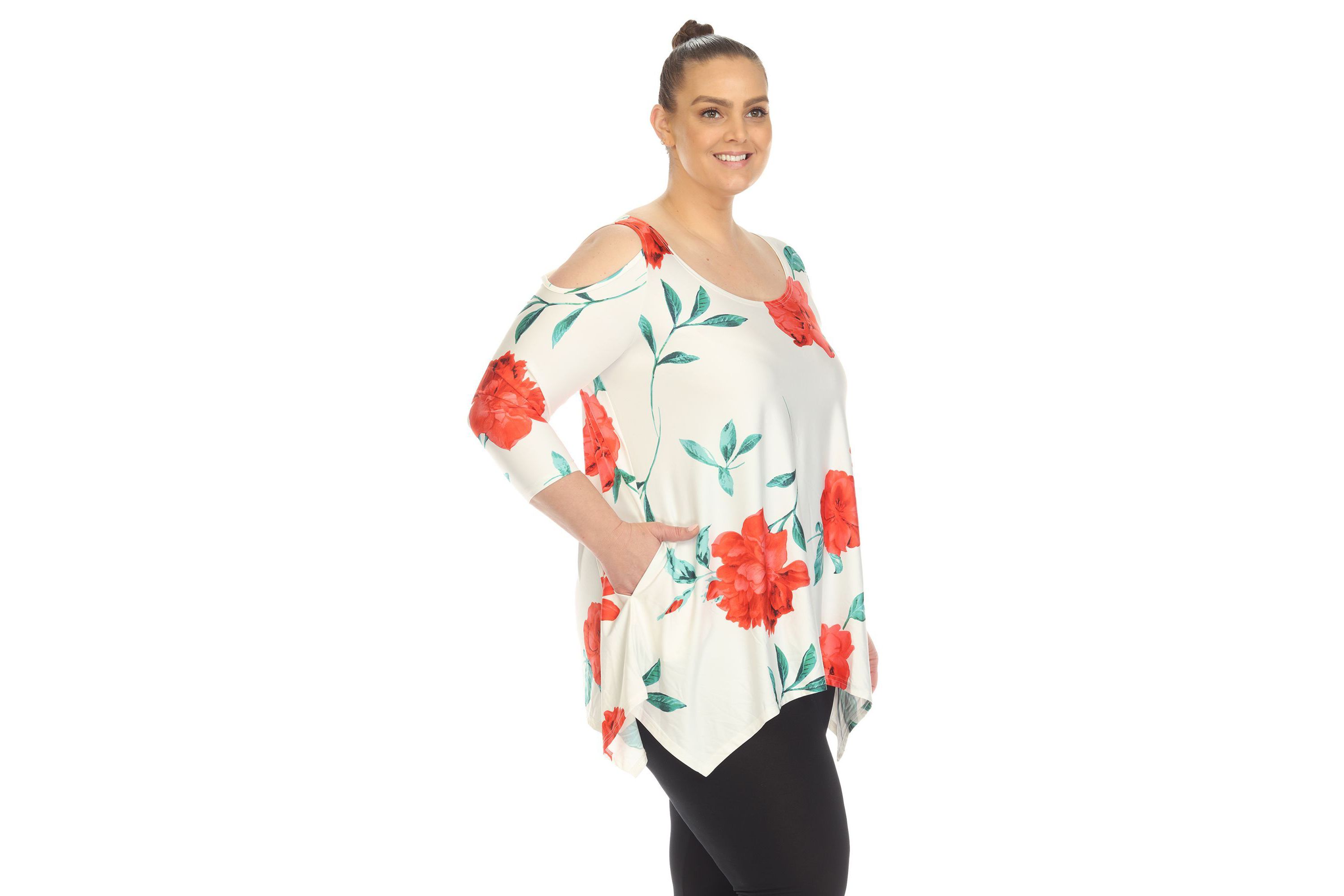 Plus Size Floral Printed Cold Shoulder Tunic