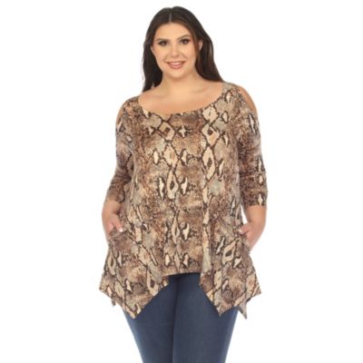 White Mark Women's Plus Size Snake Print Cold Shoulder Tunic, Brown, 1X