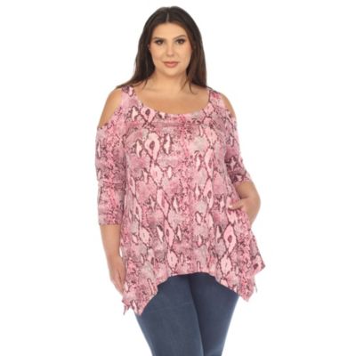 White Mark Women's Plus Size Snake Print Cold Shoulder Tunic, Pink, 1X