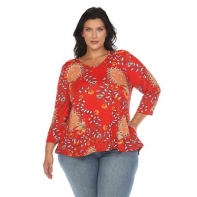 White Mark Women's Plus Size Vibrant Boho Swing Top, Red, 3X
