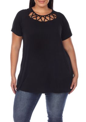 White Mark Women's Plus Size Crisscross Cutout Short Sleeve Top