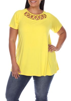 White Mark Women's Plus Size Crisscross Cutout Short Sleeve Top, Yellow, 1X