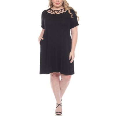 White Mark Women's Plus Size Short Sleeve Criss-Cross Neck A-Line Dress, Black, 3X