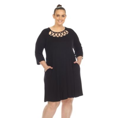 White Mark Women's Plus Size Criss Cross Neckline Swing Dress, Black, 3X
