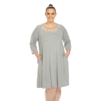 White Mark Women's Plus Size Criss Cross Neckline Swing Dress, Grey, 3X