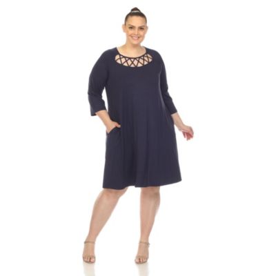 White Mark Women's Plus Size Criss Cross Neckline Swing Dress, Navy Blue, 3X