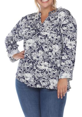 White Mark Women's PS Pleated Long Sleeve Floral Print Blouse, Navy Blue, 3X
