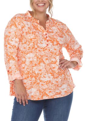 White Mark Women's PS Pleated Long Sleeve Floral Print Blouse, Orange, 3X
