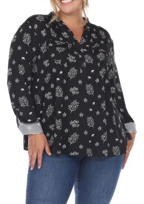White Mark Women's Plus Size Pleated Long Sleeve Leaf Print Blouse