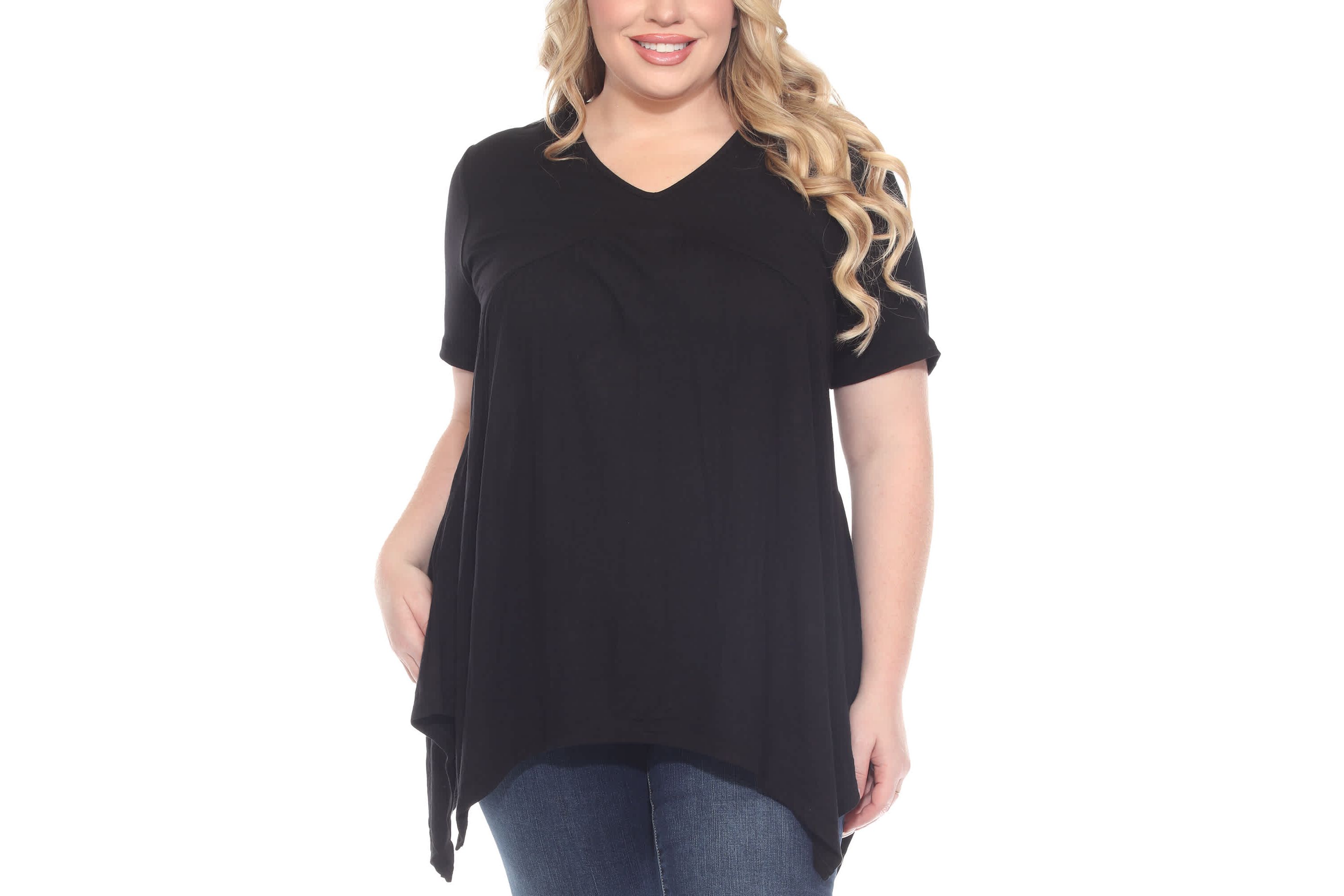 Plus Size Short Sleeve Shirred Front Knit Tunic Top with Pockets