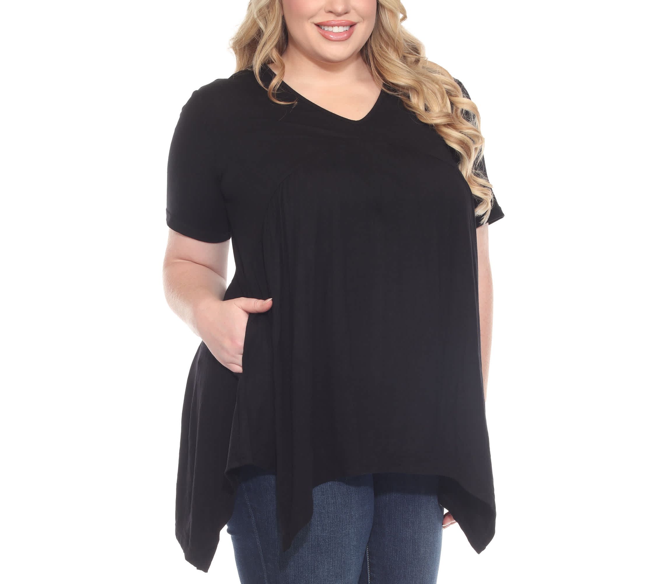 Plus Size Short Sleeve Shirred Front Knit Tunic Top with Pockets