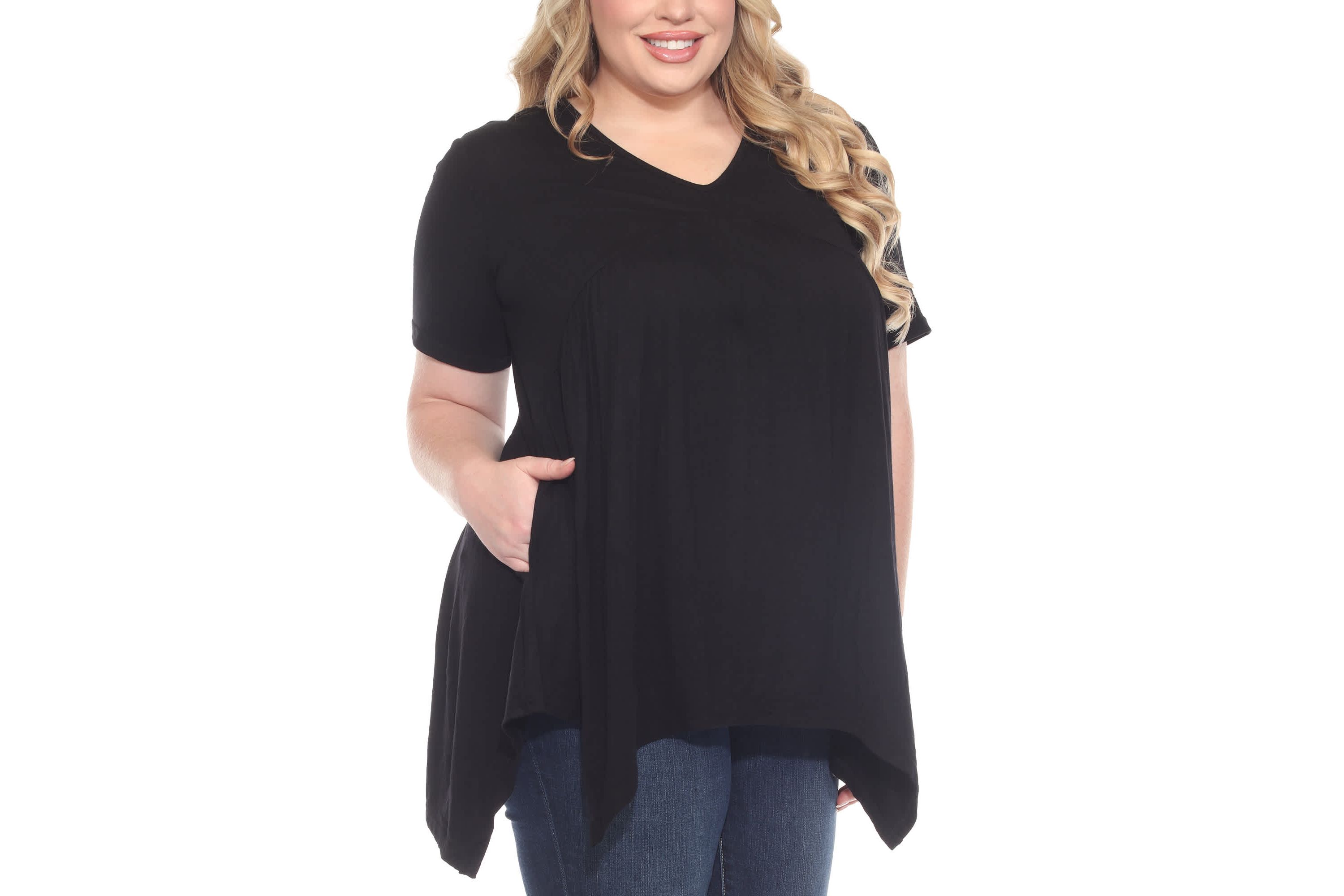 Plus Size Short Sleeve Shirred Front Knit Tunic Top with Pockets