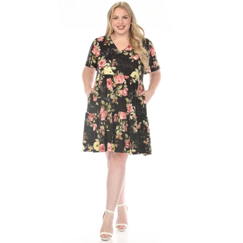 White Mark Women's Plus Size V-Neck Tropical Flower Short Sleeve Dress, Black, 2X