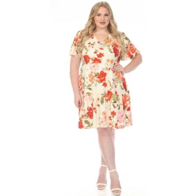 White Mark Women's Plus Size V-Neck Tropical Flower Short Sleeve Dress, Ivory, 3X