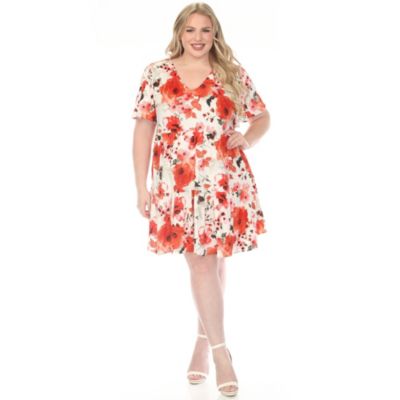 White Mark Women's Plus Size V-Neck Vintage Floral Short Sleeve Dress, Red, 3X