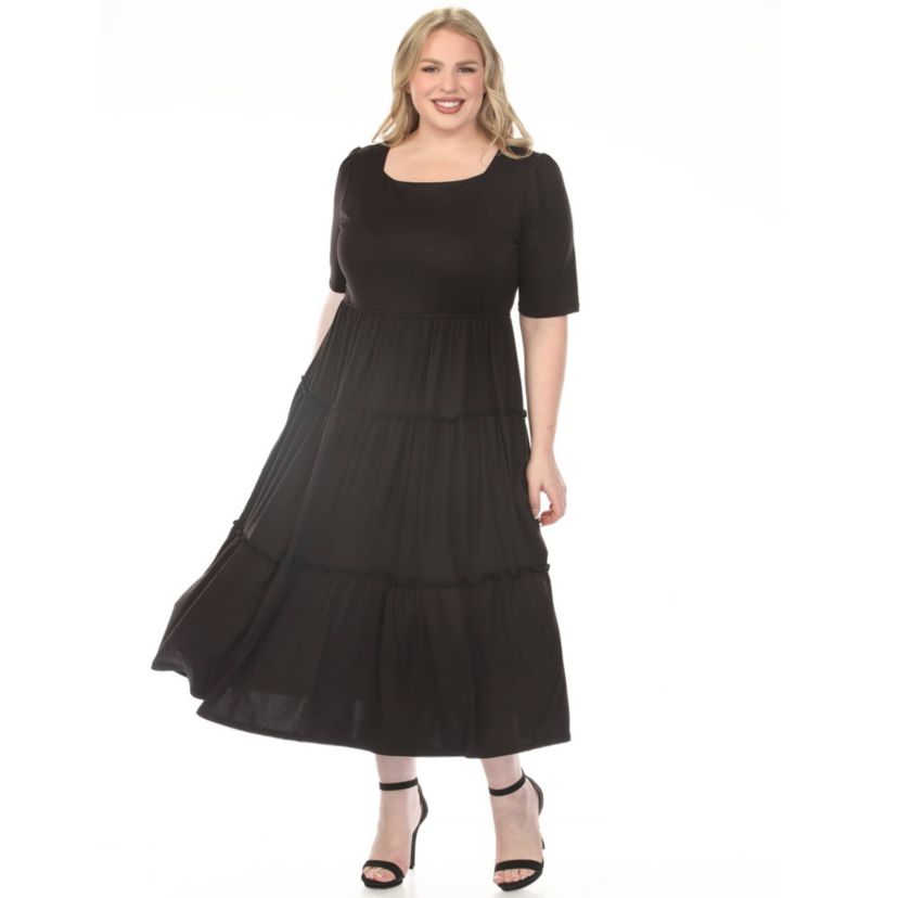 White Mark Women's Plus Size Square Neck Short Sleeve Tiered Dress, Black, 1X