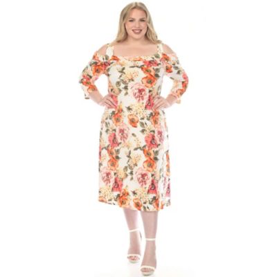 White Mark Women's Plus Size Cold Shoulder 3/4 Sleeve Dress, Orange, 3X