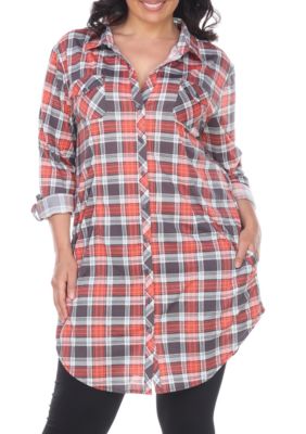 White Mark Women's Plus Size Piper Stretchy Plaid Tunic, Grey, 2X