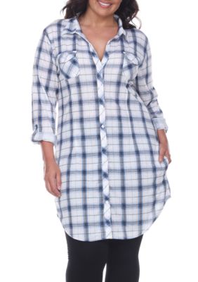 White Mark Women's Plus Size Piper Stretchy Plaid Tunic, Blue, 1X