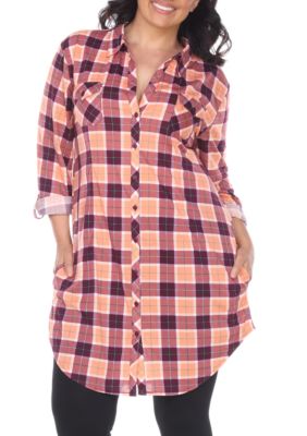 White Mark Women's Plus Size Piper Stretchy Plaid Tunic, Orange, 1X
