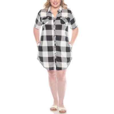 White Mark Women's Plus Size Short Sleeve Plaid Button-Down Shirt Dress
