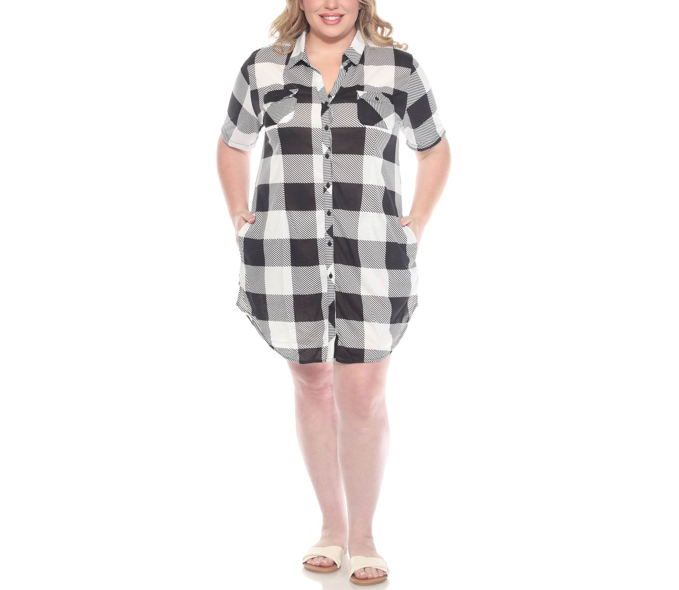 Plus Size Short Sleeve Plaid Button-Down Shirt Dress