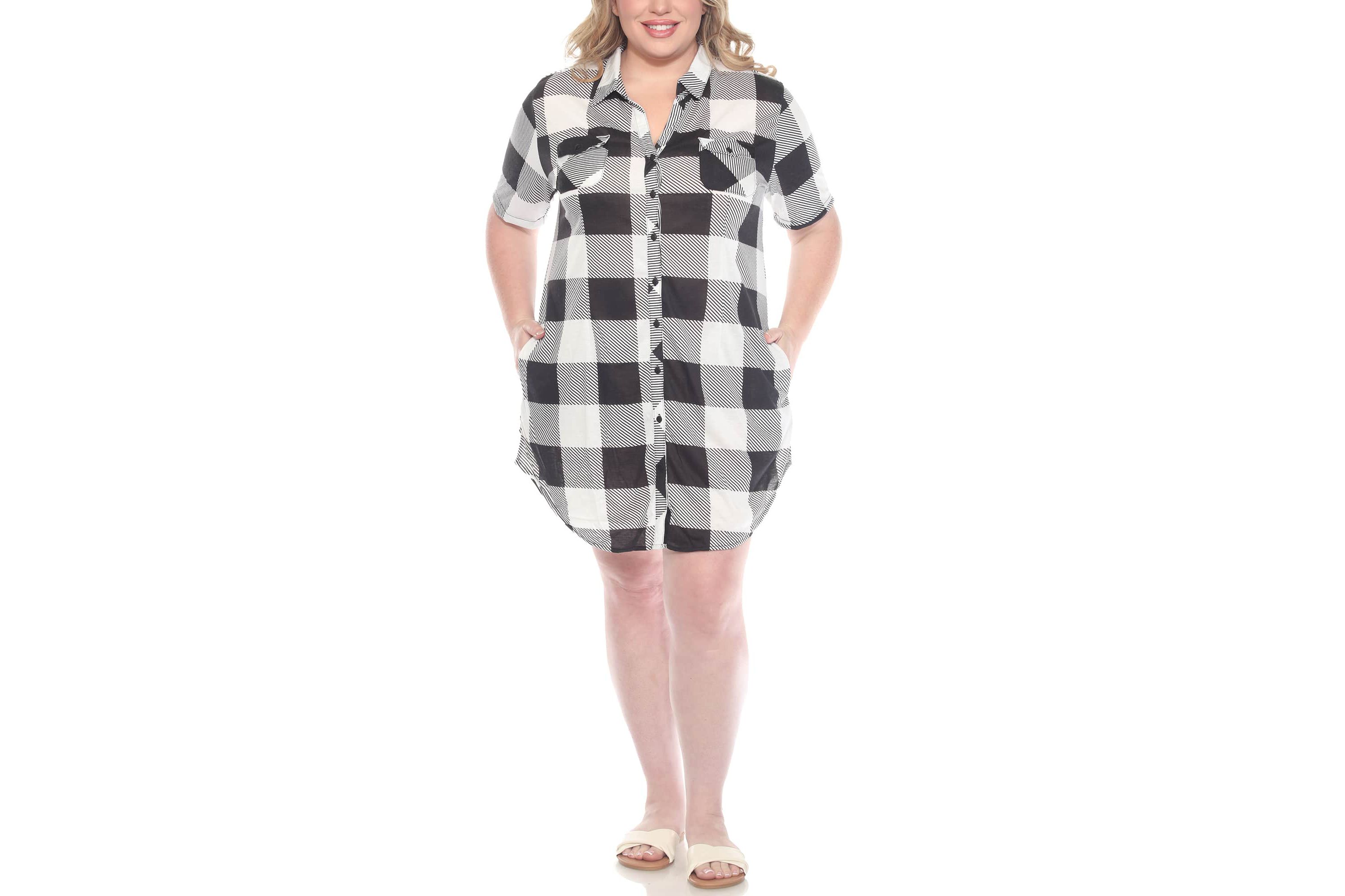 Plus Size Short Sleeve Plaid Button-Down Shirt Dress