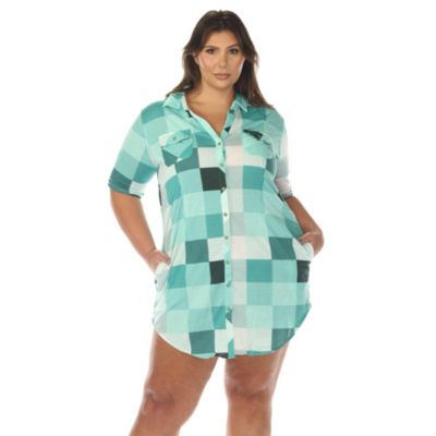 White Mark Women's Plus Size Short Sleeve Plaid Button-Down Shirt Dress, Green, 3X