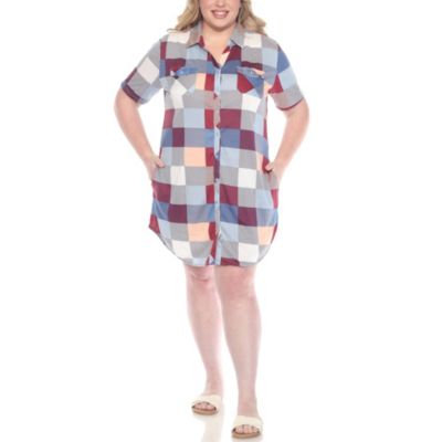 White Mark Women's Plus Size Short Sleeve Plaid Button-Down Shirt Dress, Blue, 3X