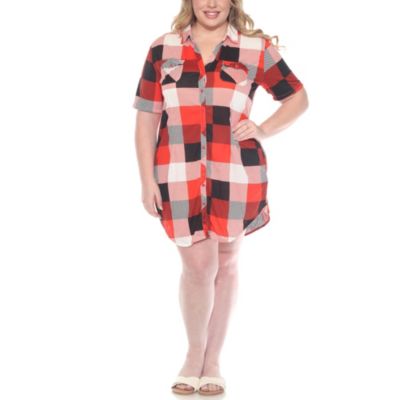 White Mark Women's Plus Size Short Sleeve Plaid Button-Down Shirt Dress, Red, 3X