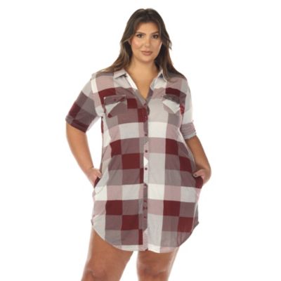 White Mark Women's Plus Size Short Sleeve Plaid Button-Down Shirt Dress, Burgundy, 3X