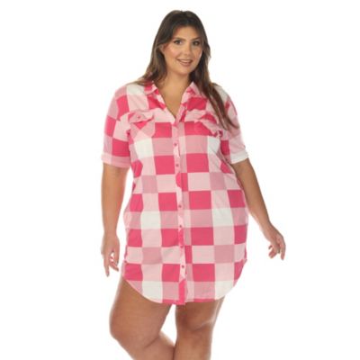 White Mark Women's Plus Size Short Sleeve Plaid Button-Down Shirt Dress, Pink, 3X