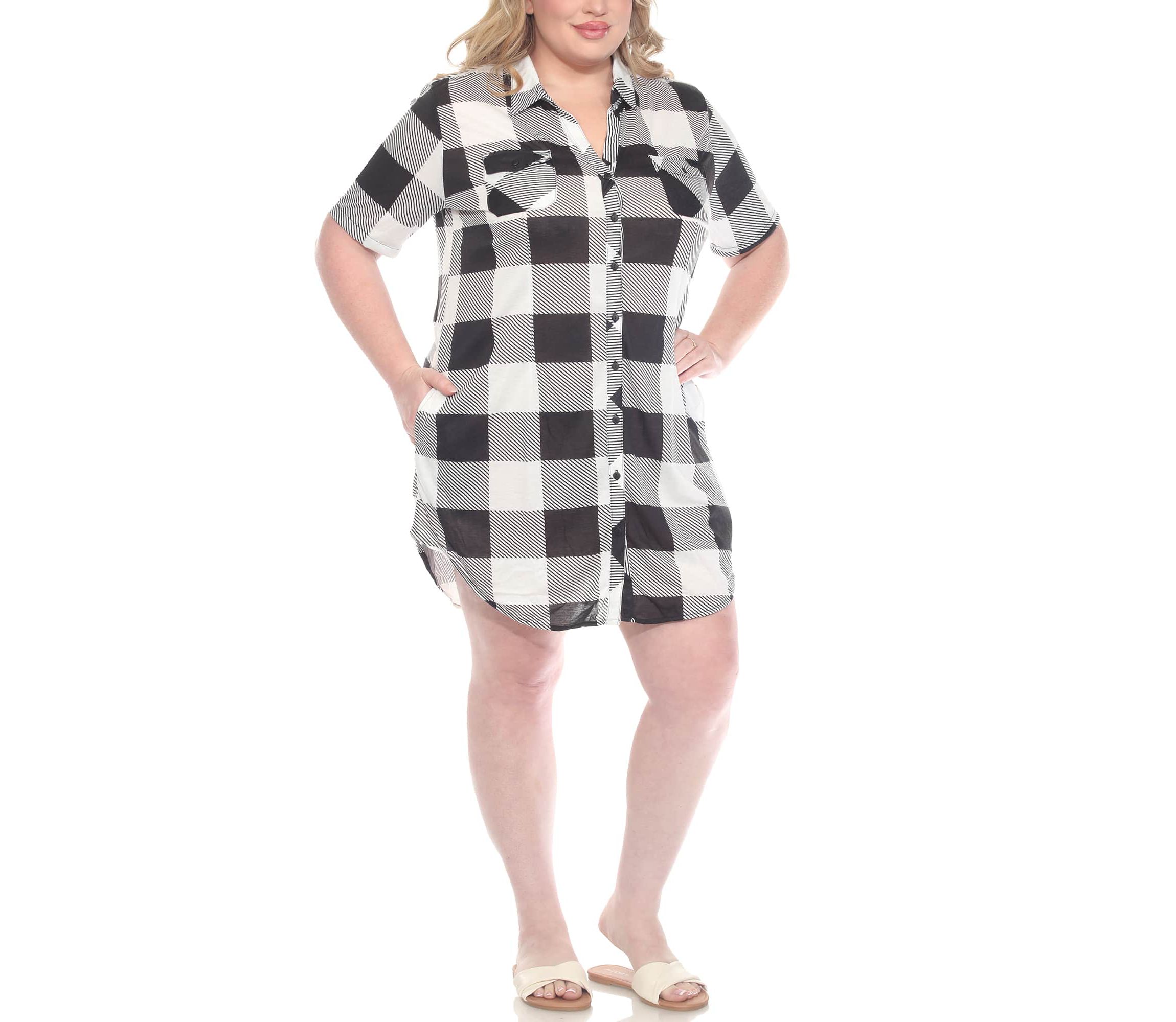 Plus Size Short Sleeve Plaid Button-Down Shirt Dress